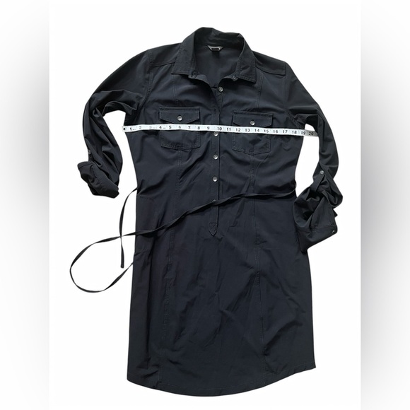 Eddie Bauer Black Belted Stretch Button Shirt Dress Size Small Roll-Tab Sleeves - Picture 8 of 12